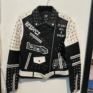 Black Stud Faux Leather Jacket with Print